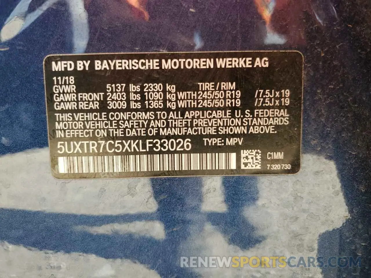 13 Photograph of a damaged car 5UXTR7C5XKLF33026 BMW X3 2019