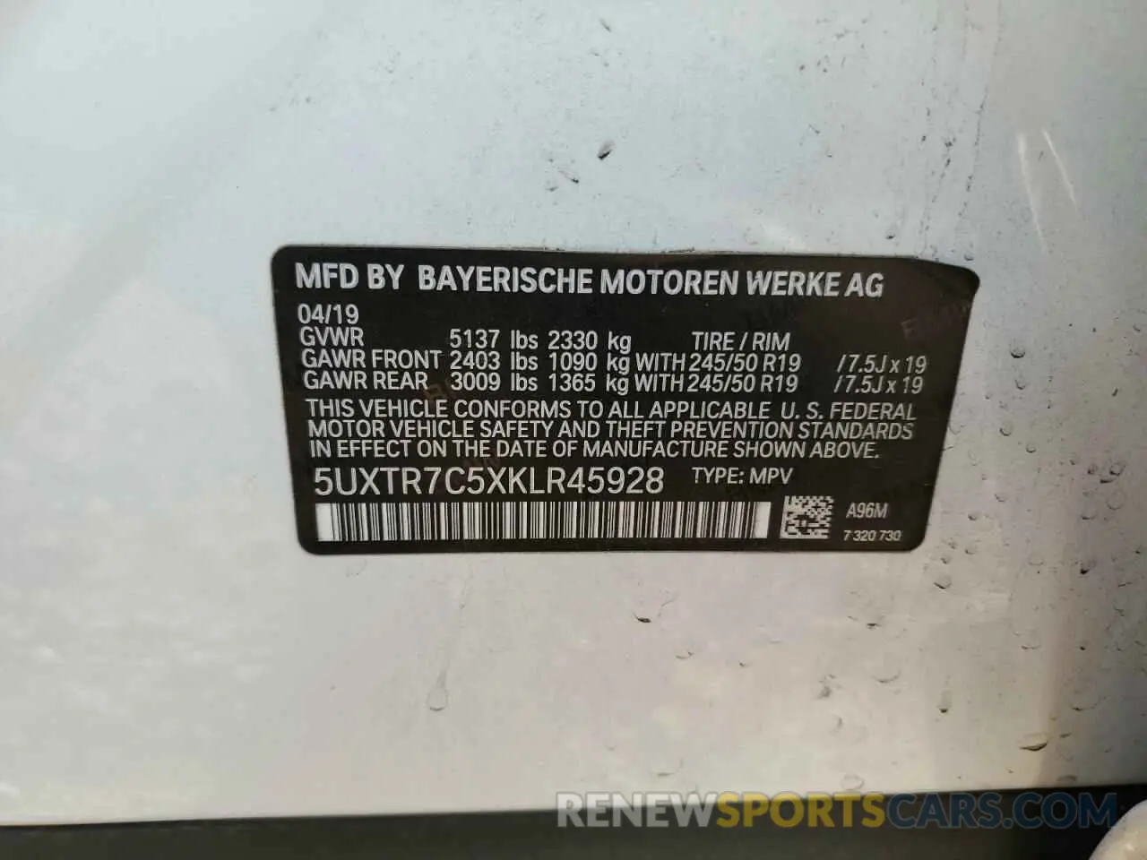 15 Photograph of a damaged car 5UXTR7C5XKLR45928 BMW X3 2019