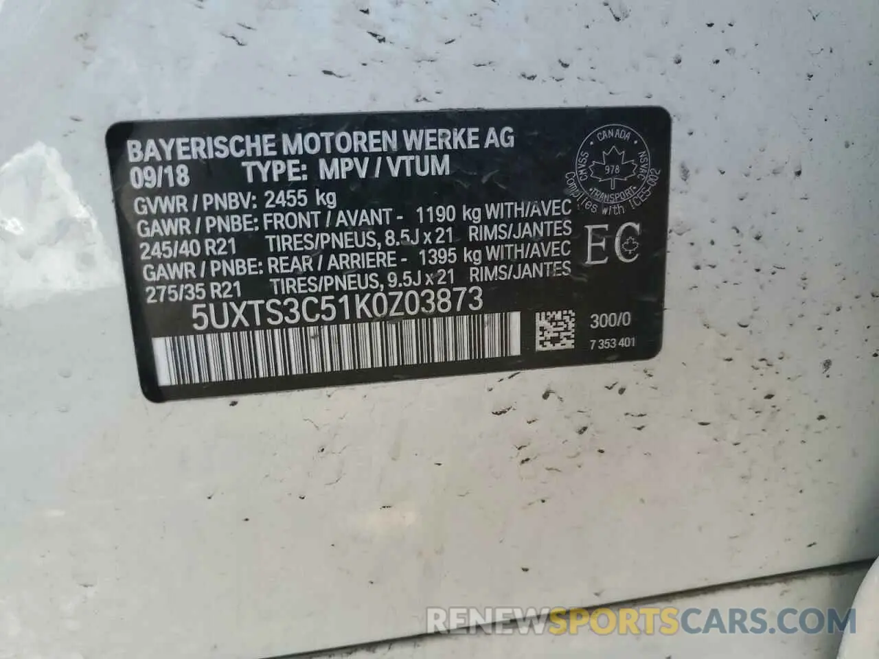 13 Photograph of a damaged car 5UXTS3C51K0Z03873 BMW X3 2019
