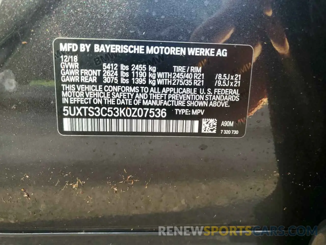14 Photograph of a damaged car 5UXTS3C53K0Z07536 BMW X3 2019