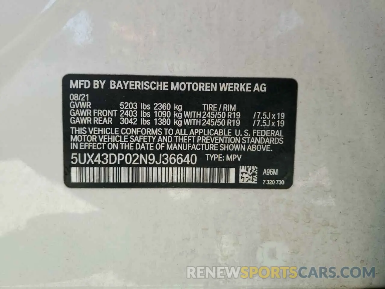 13 Photograph of a damaged car 5UX43DP02N9J36640 BMW X3 2022