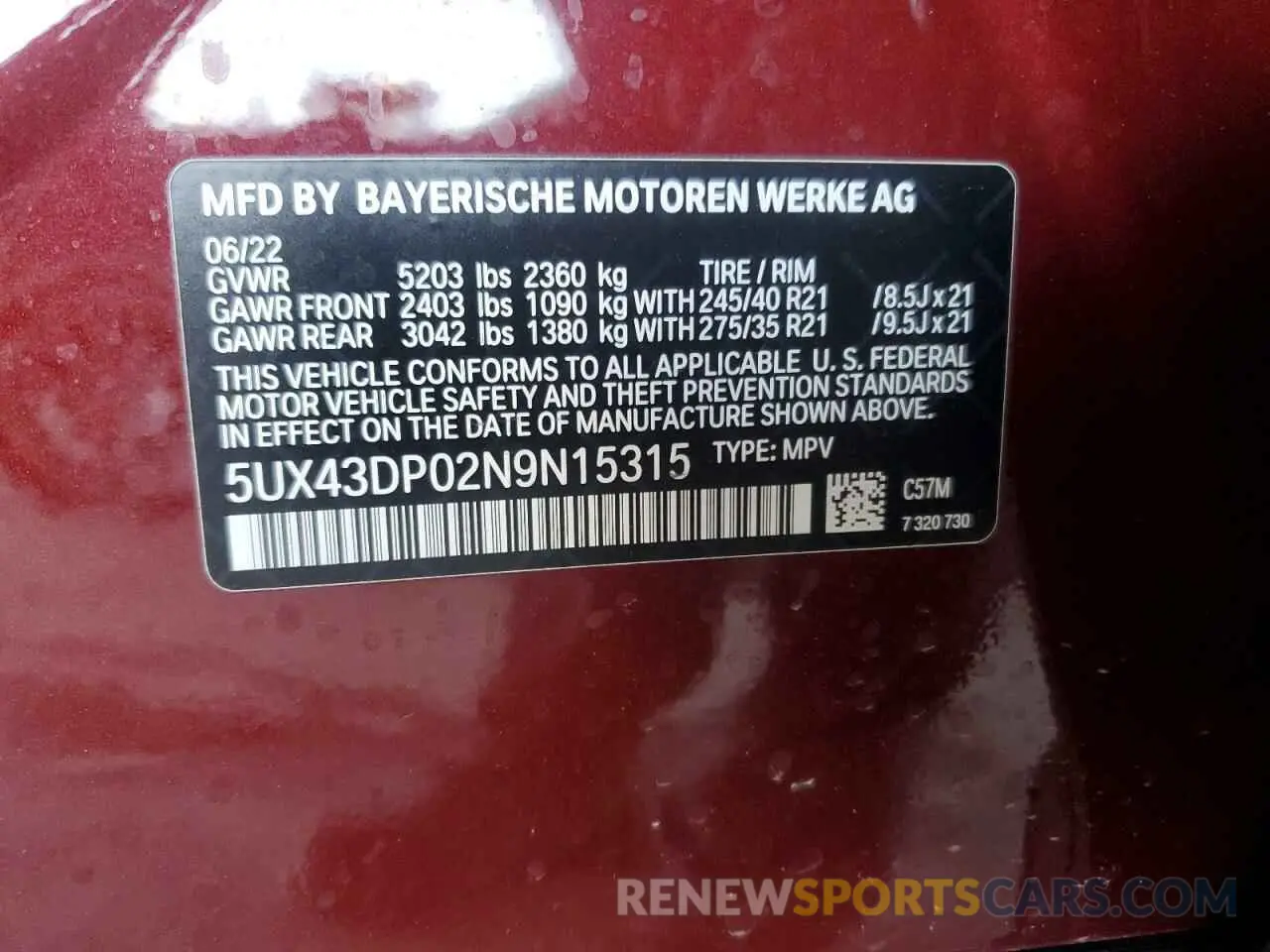 13 Photograph of a damaged car 5UX43DP02N9N15315 BMW X3 2022