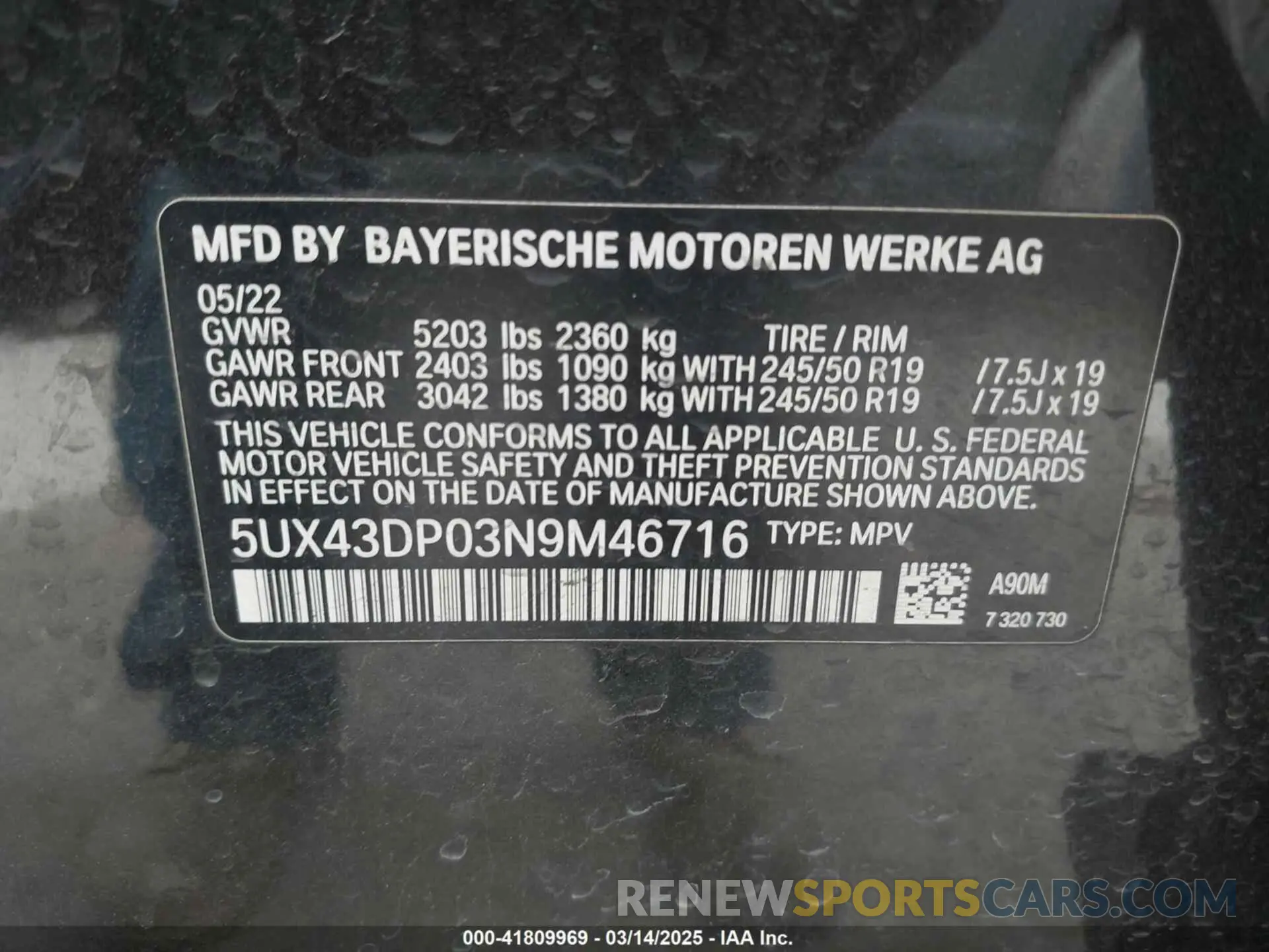 9 Photograph of a damaged car 5UX43DP03N9M46716 BMW X3 2022