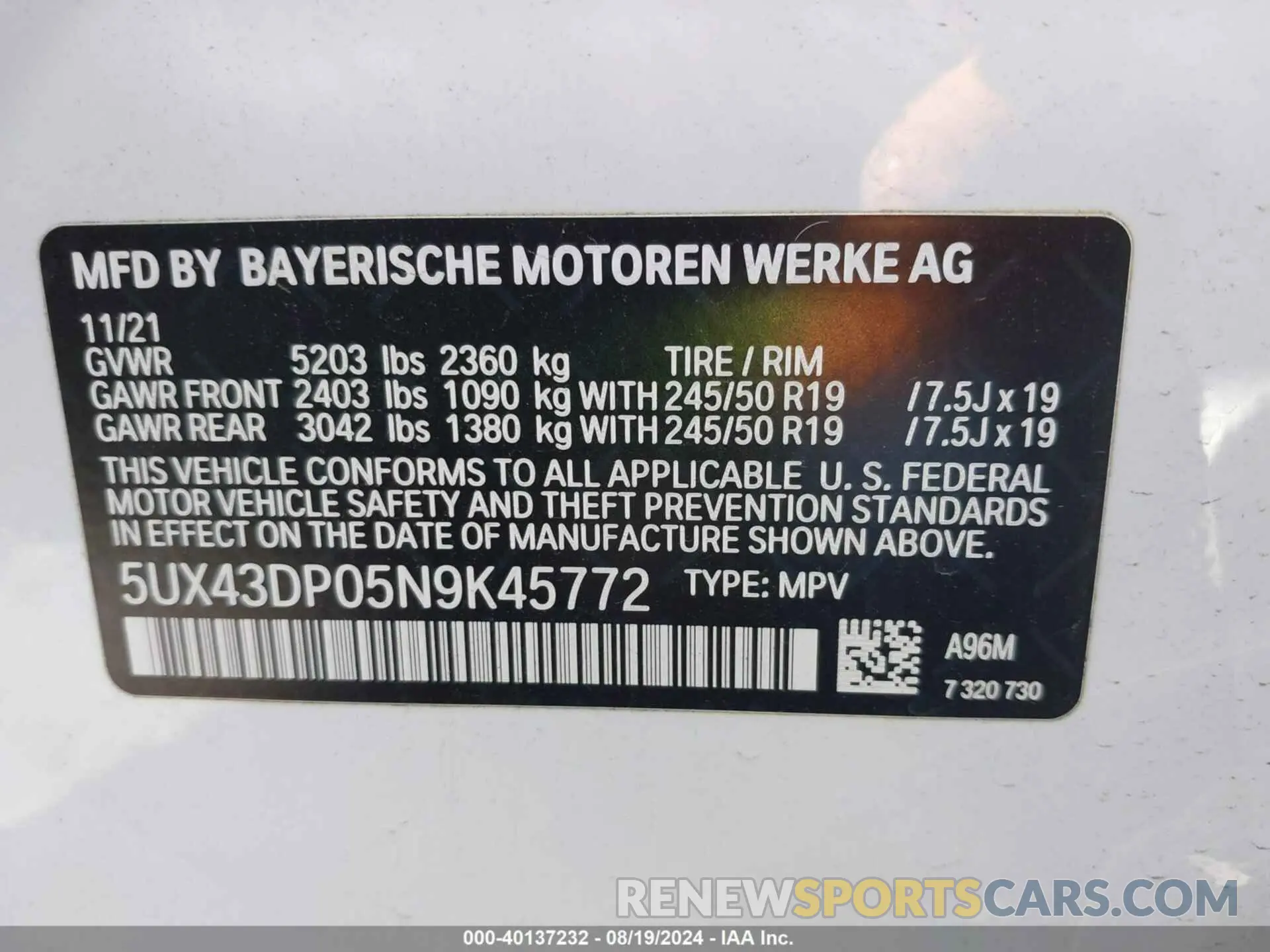 9 Photograph of a damaged car 5UX43DP05N9K45772 BMW X3 2022