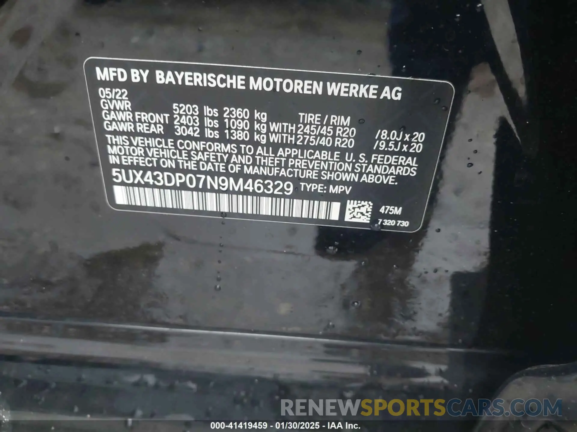 9 Photograph of a damaged car 5UX43DP07N9M46329 BMW X3 2022