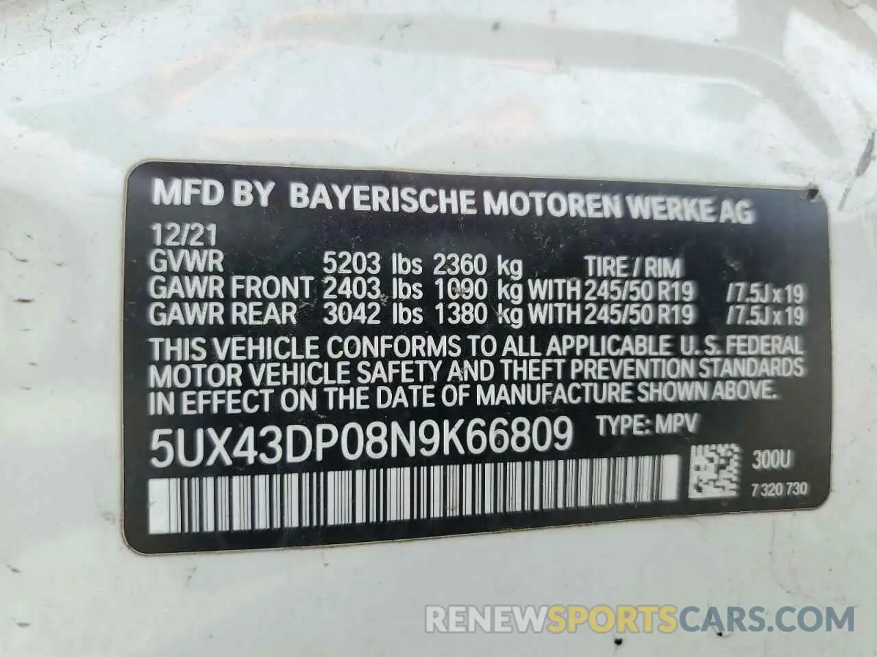13 Photograph of a damaged car 5UX43DP08N9K66809 BMW X3 2022