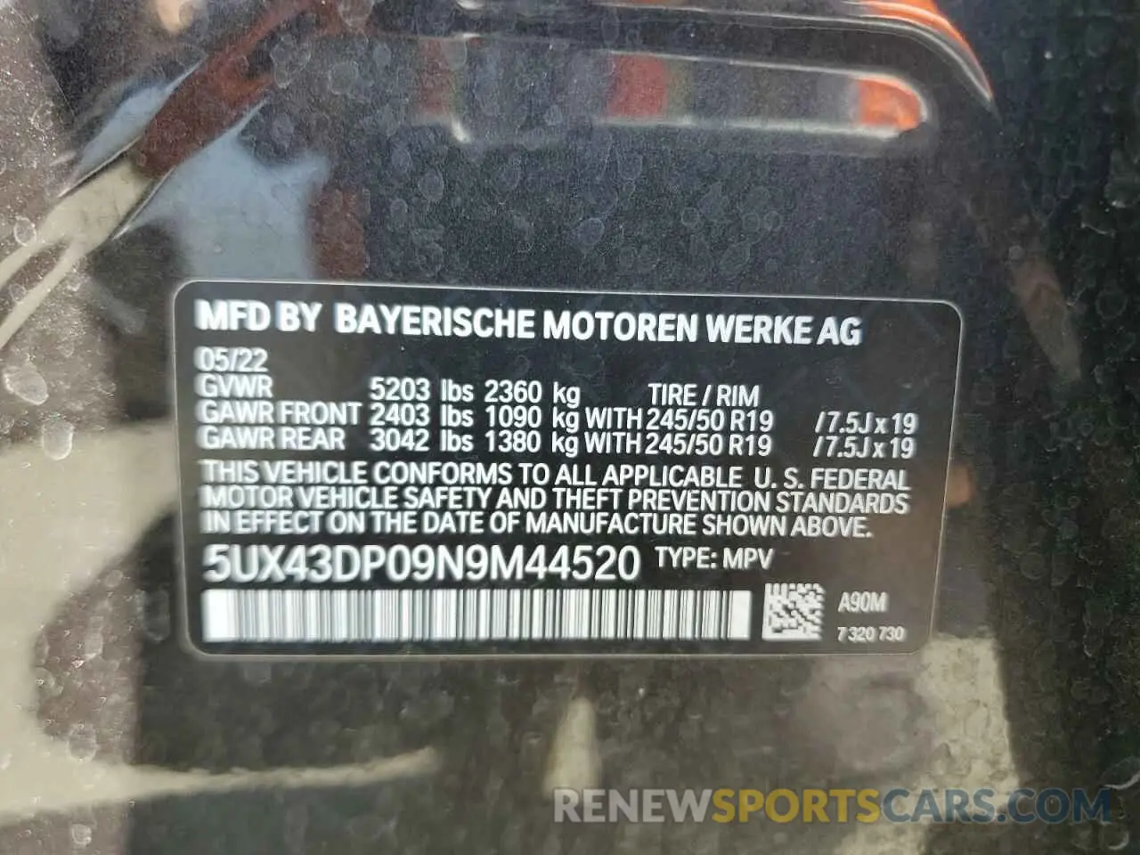 13 Photograph of a damaged car 5UX43DP09N9M44520 BMW X3 2022