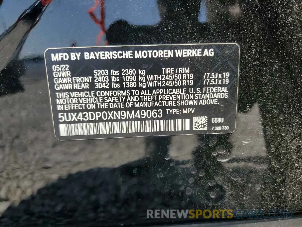 15 Photograph of a damaged car 5UX43DP0XN9M49063 BMW X3 2022