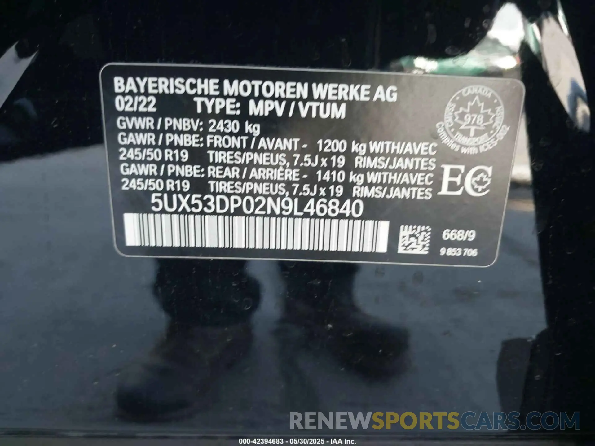 9 Photograph of a damaged car 5UX53DP02N9L46840 BMW X3 2022