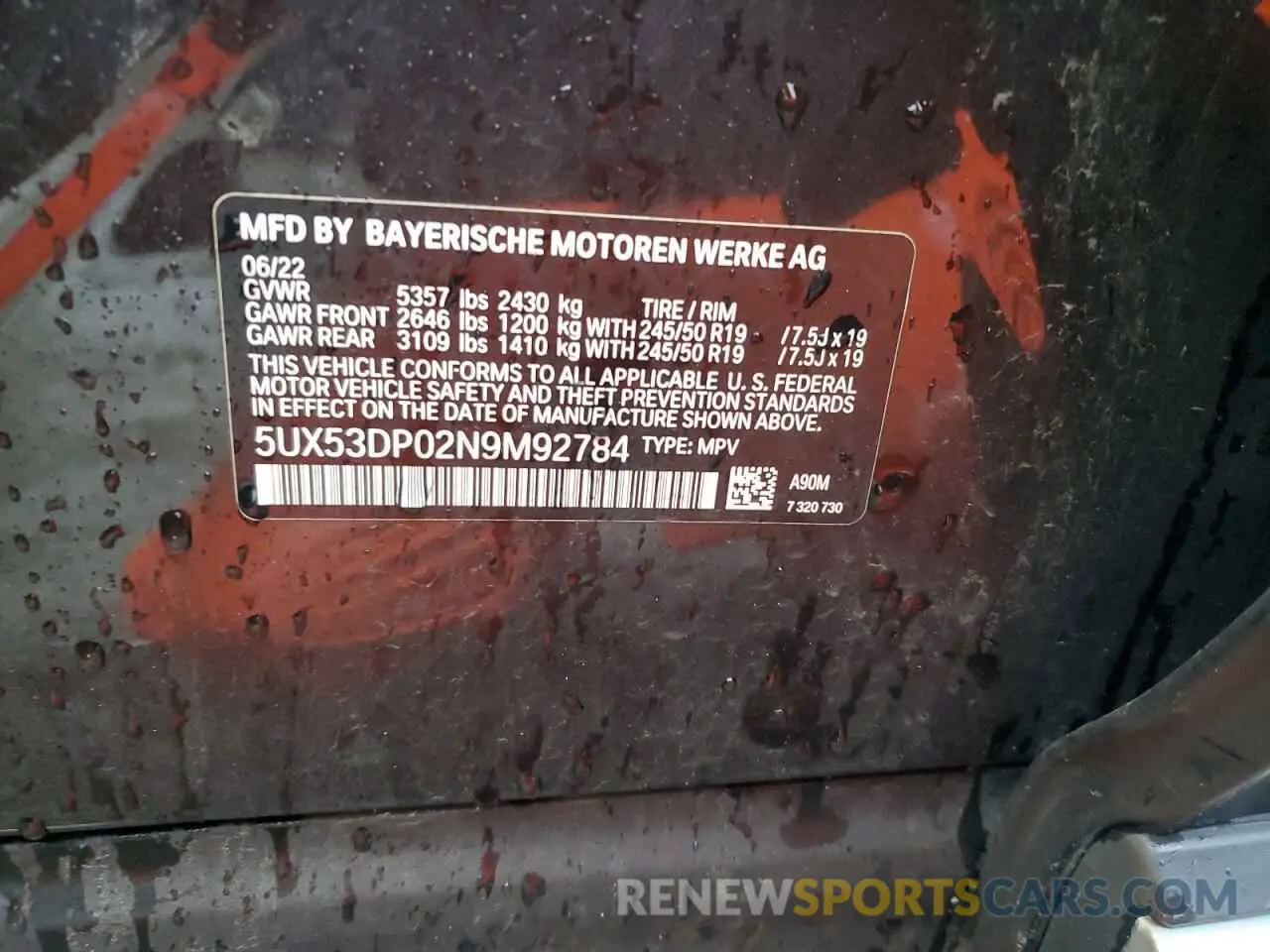 13 Photograph of a damaged car 5UX53DP02N9M92784 BMW X3 2022