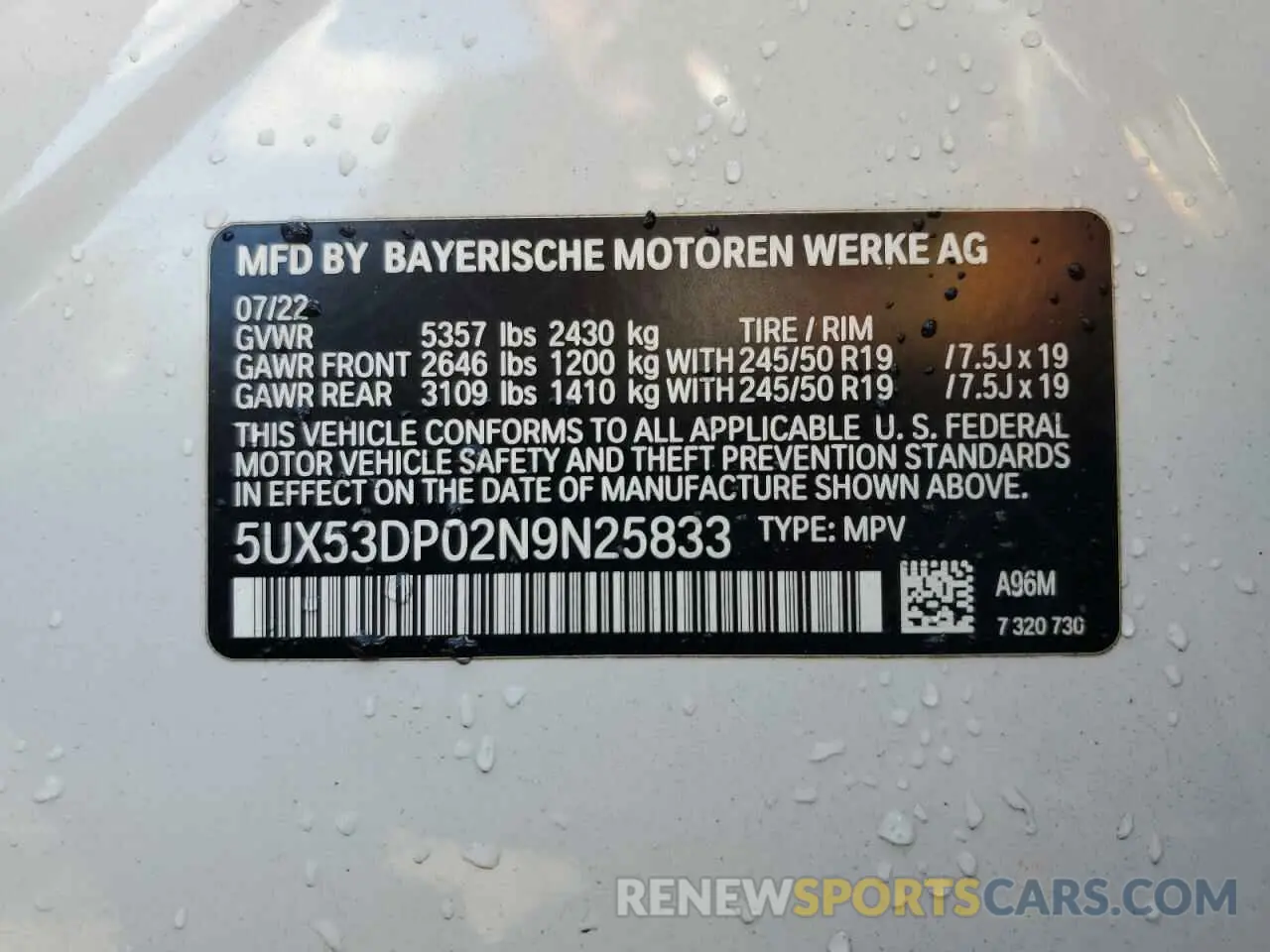 14 Photograph of a damaged car 5UX53DP02N9N25833 BMW X3 2022