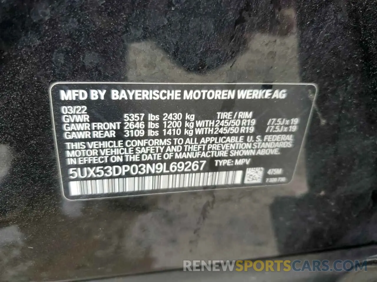 13 Photograph of a damaged car 5UX53DP03N9L69267 BMW X3 2022