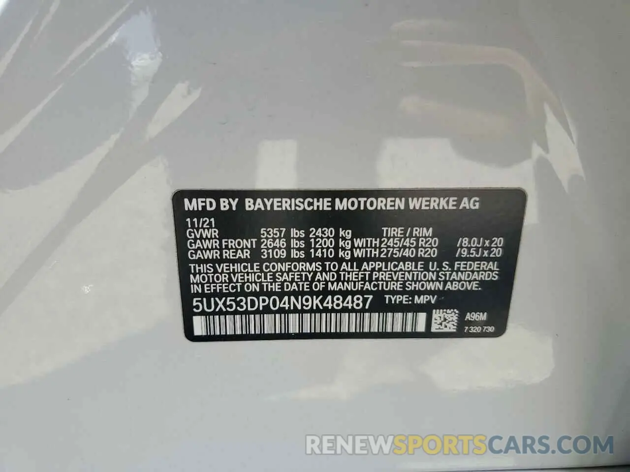 16 Photograph of a damaged car 5UX53DP04N9K48487 BMW X3 2022