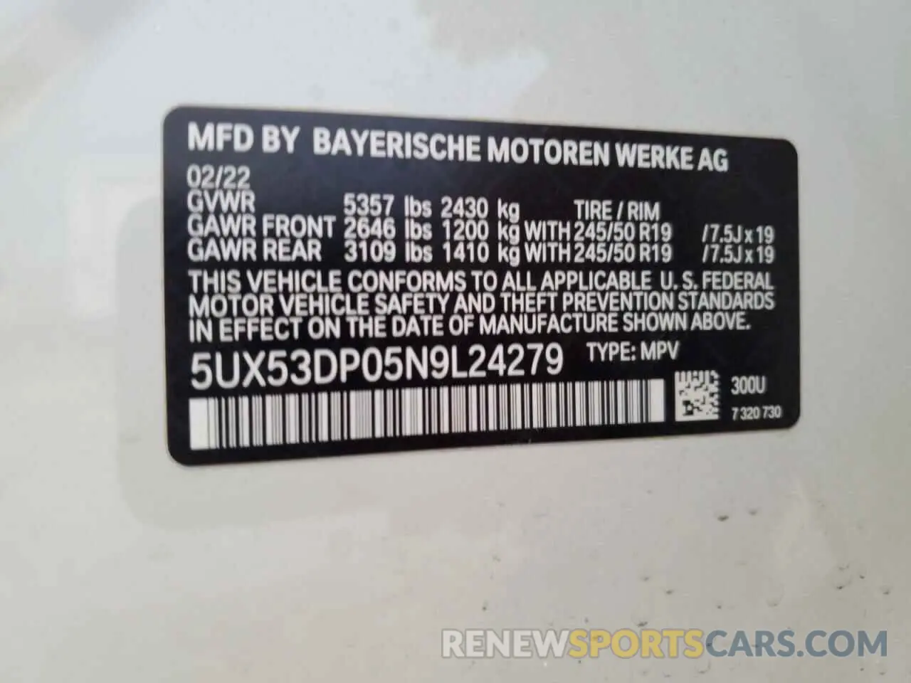 14 Photograph of a damaged car 5UX53DP05N9L24279 BMW X3 2022