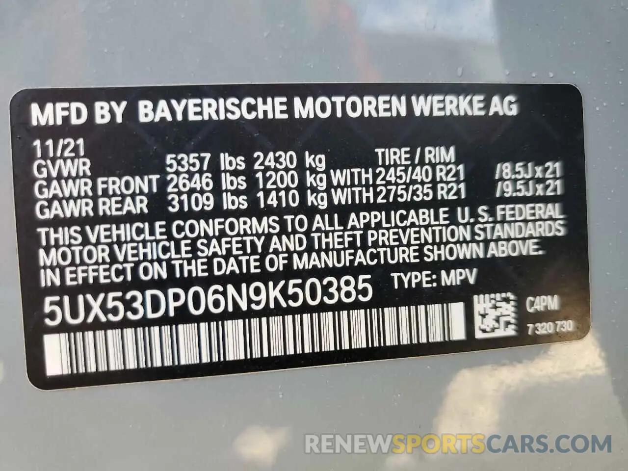 10 Photograph of a damaged car 5UX53DP06N9K50385 BMW X3 2022