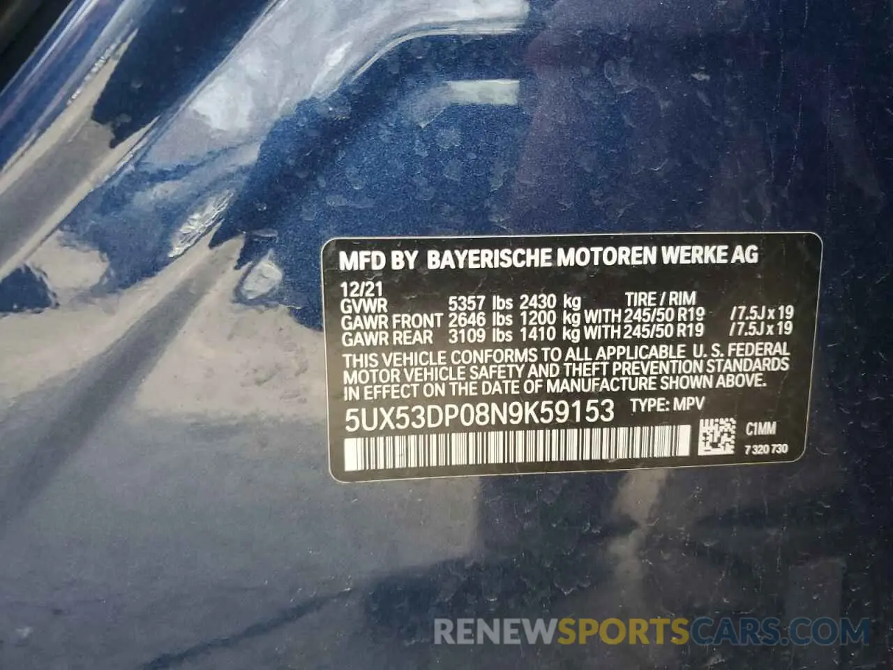 13 Photograph of a damaged car 5UX53DP08N9K59153 BMW X3 2022