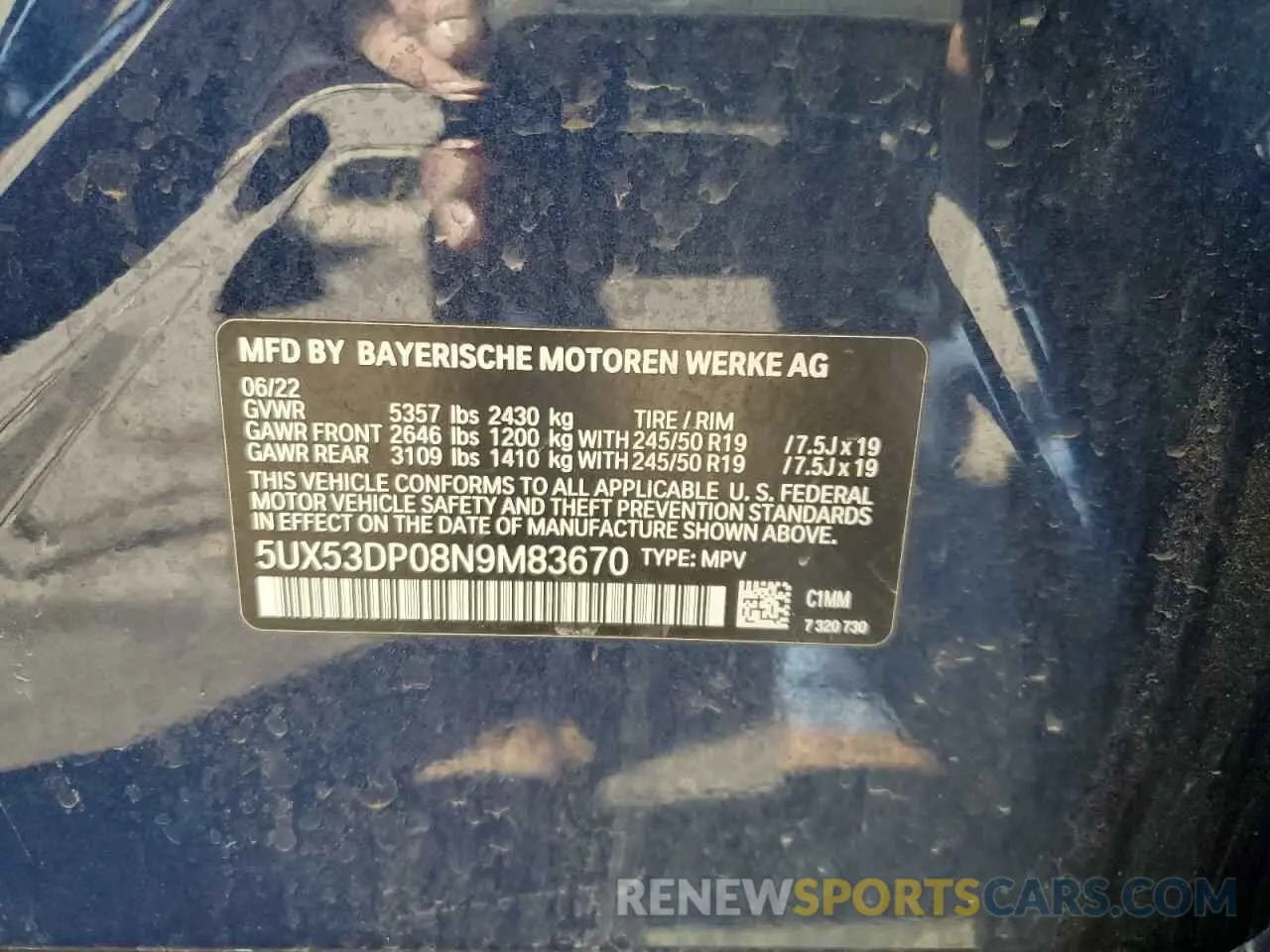 14 Photograph of a damaged car 5UX53DP08N9M83670 BMW X3 2022