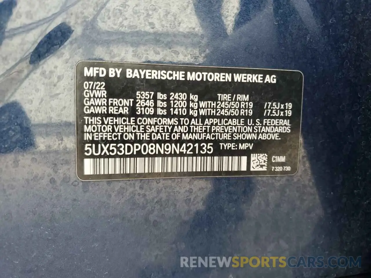 13 Photograph of a damaged car 5UX53DP08N9N42135 BMW X3 2022