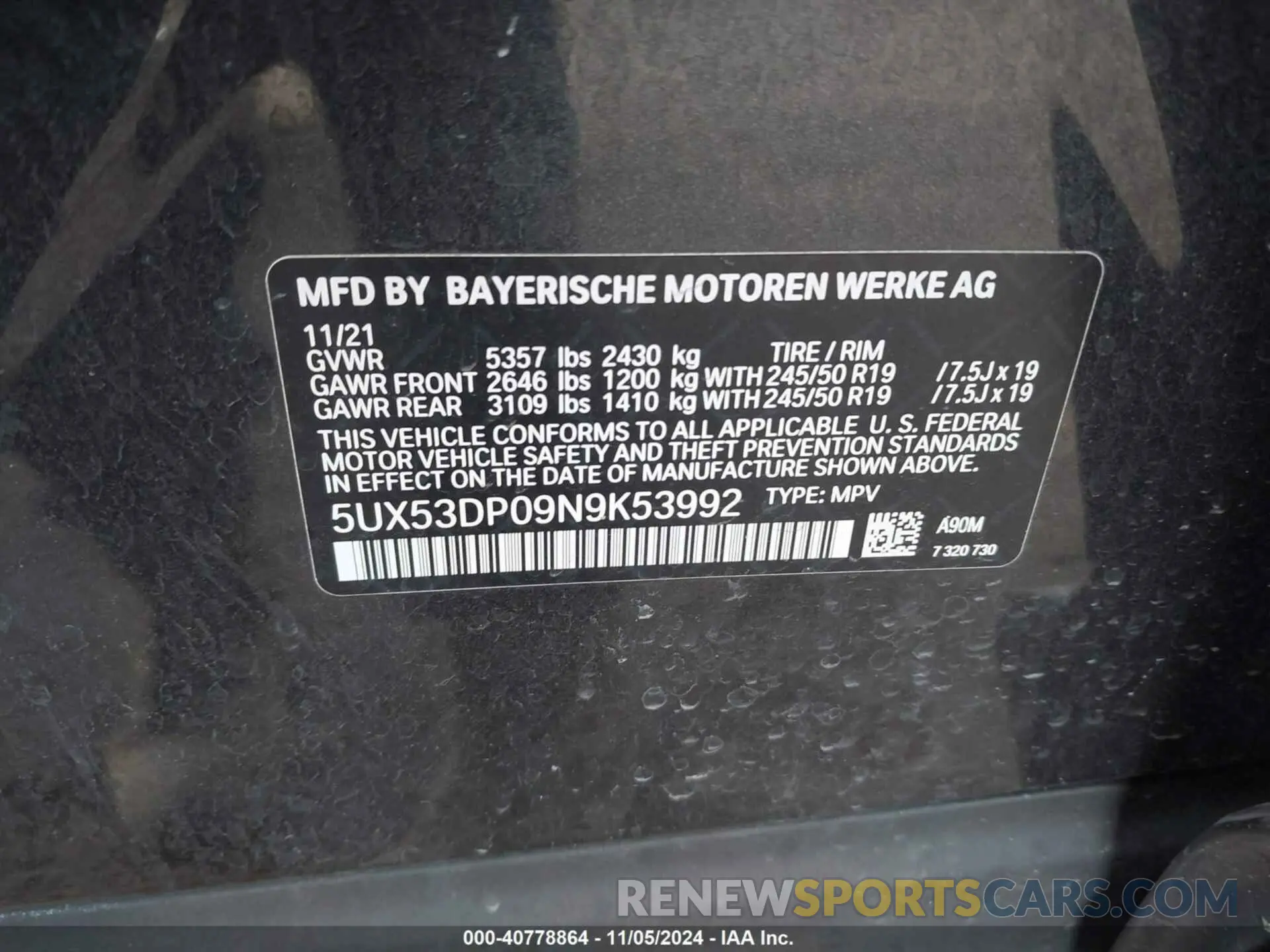 9 Photograph of a damaged car 5UX53DP09N9K53992 BMW X3 2022