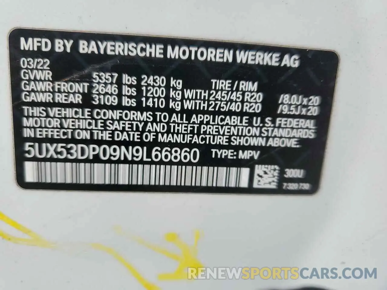 15 Photograph of a damaged car 5UX53DP09N9L66860 BMW X3 2022