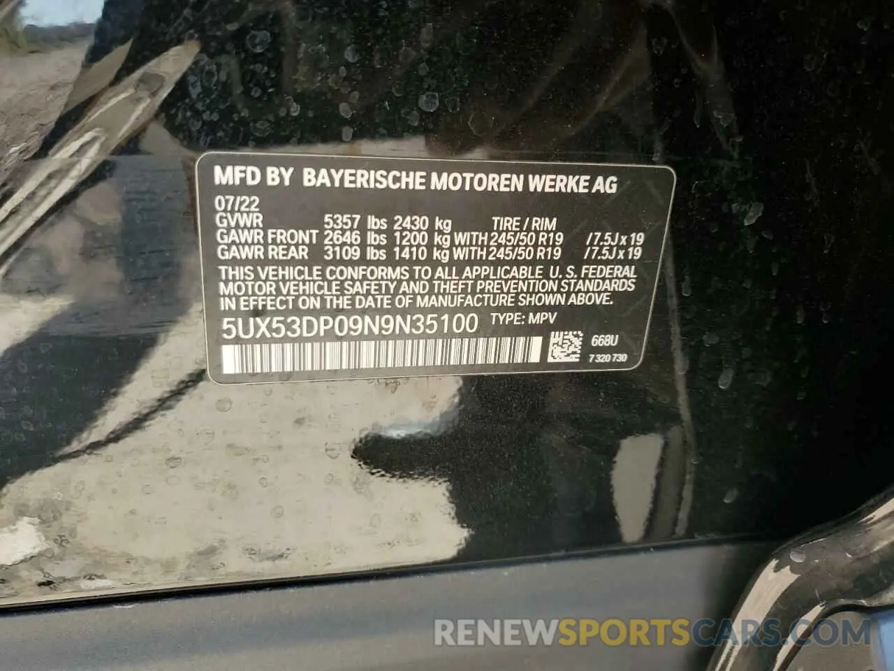 13 Photograph of a damaged car 5UX53DP09N9N35100 BMW X3 2022