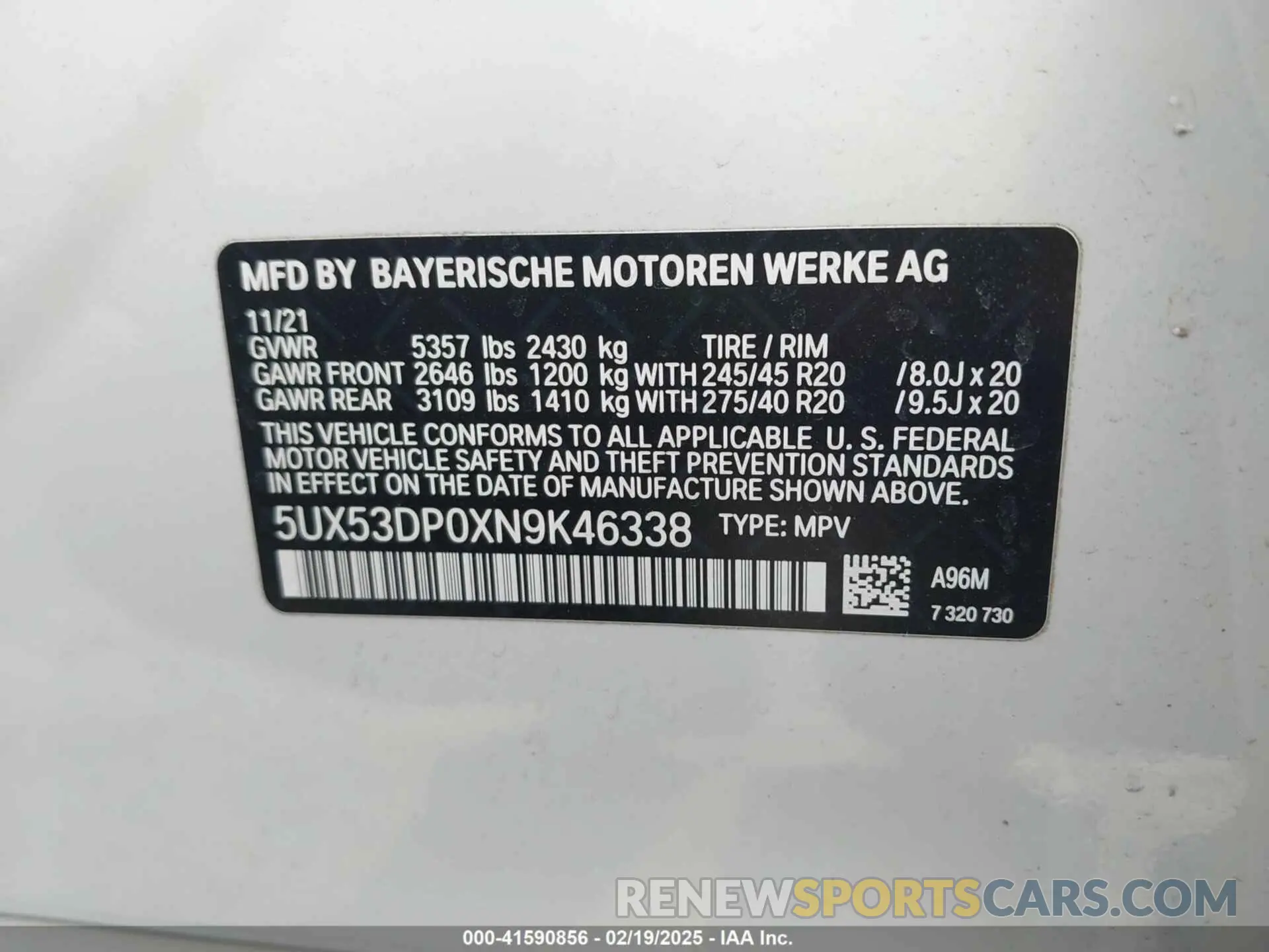 9 Photograph of a damaged car 5UX53DP0XN9K46338 BMW X3 2022