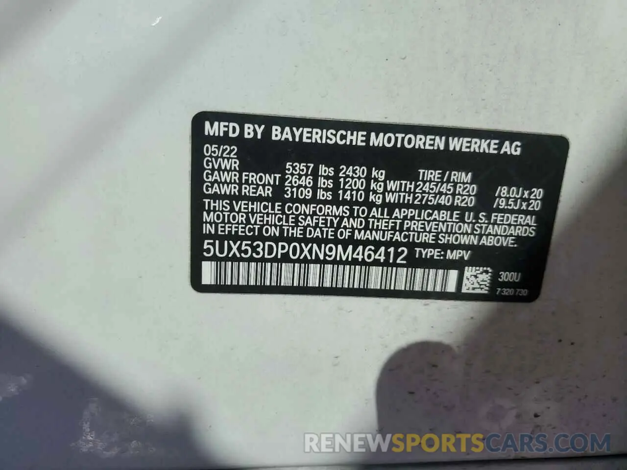 11 Photograph of a damaged car 5UX53DP0XN9M46412 BMW X3 2022