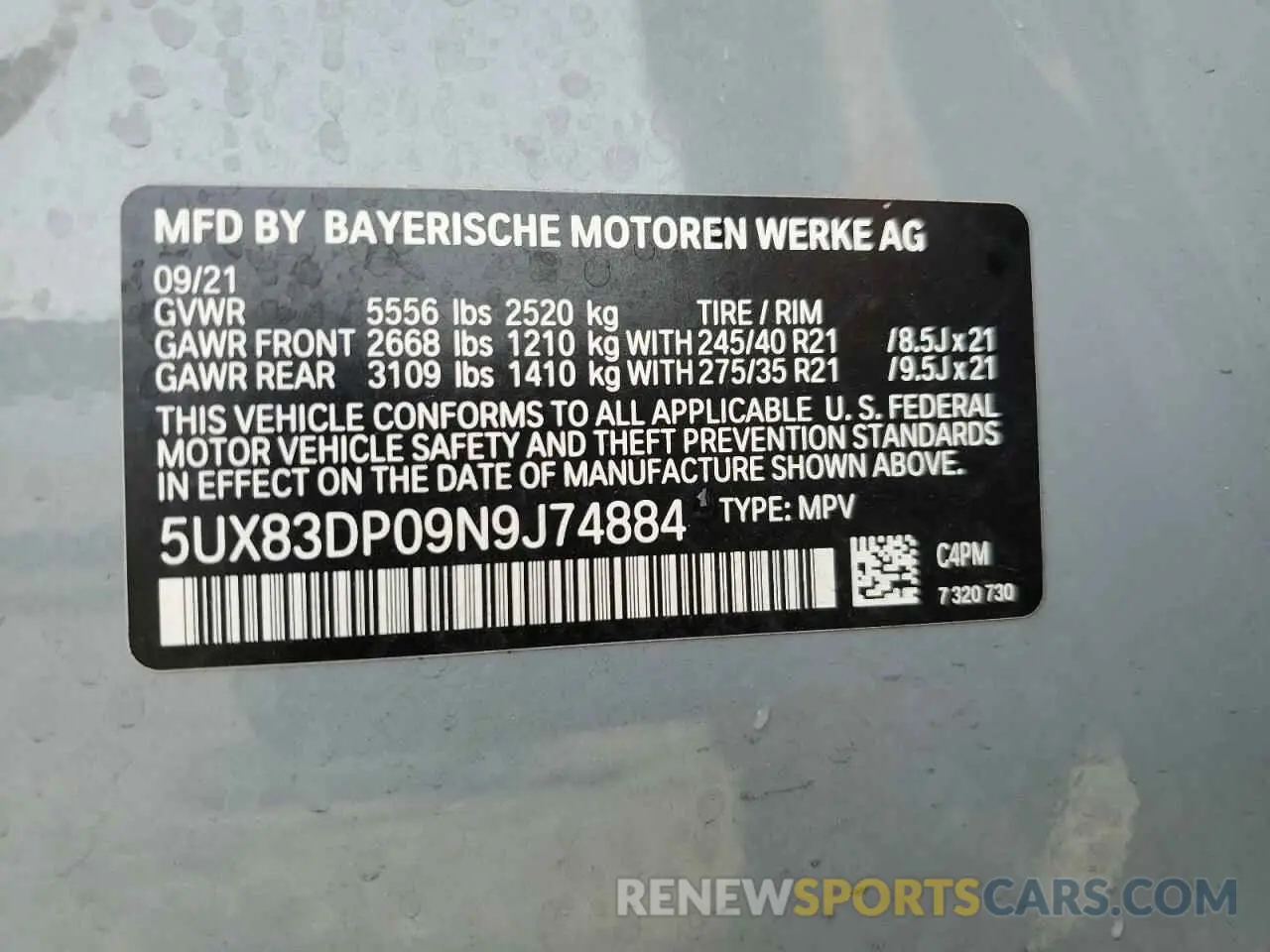 14 Photograph of a damaged car 5UX83DP09N9J74884 BMW X3 M40I 2022