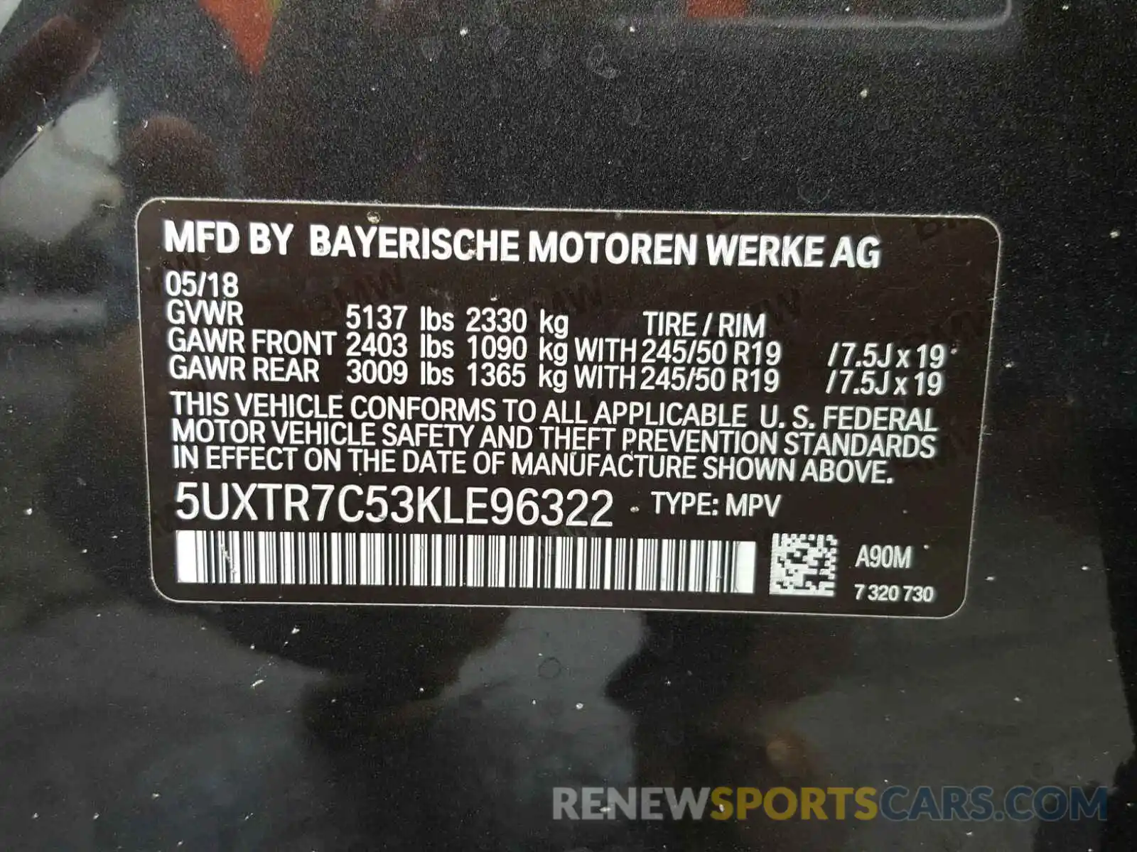 10 Photograph of a damaged car 5UXTR7C53KLE96322 BMW X3 SDRIVE3 2019