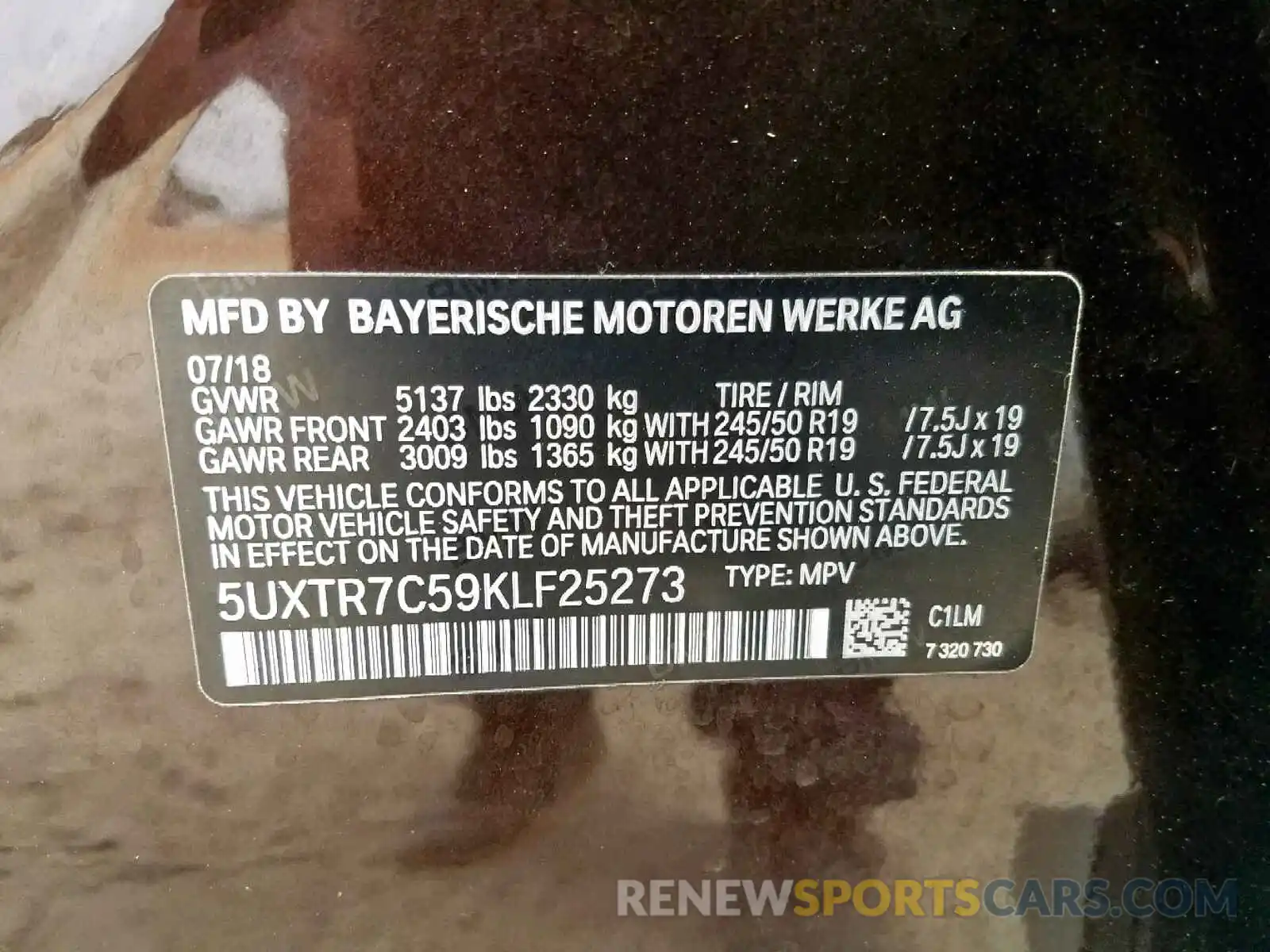 10 Photograph of a damaged car 5UXTR7C59KLF25273 BMW X3 SDRIVE3 2019