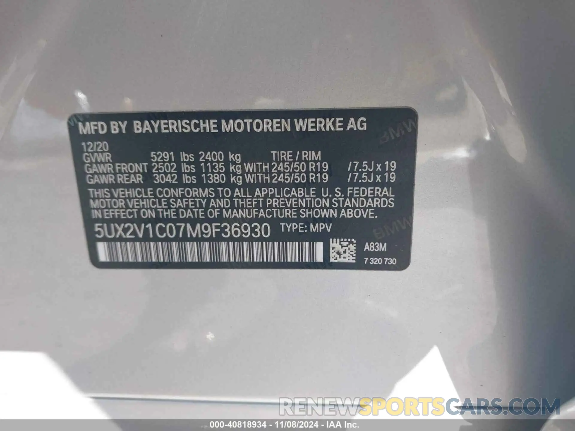 9 Photograph of a damaged car 5UX2V1C07M9F36930 BMW X4 2021