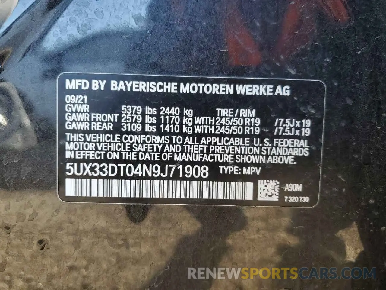 13 Photograph of a damaged car 5UX33DT04N9J71908 BMW X4 2022