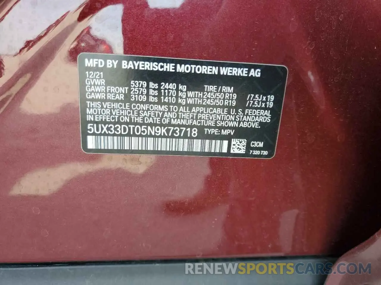 13 Photograph of a damaged car 5UX33DT05N9K73718 BMW X4 2022