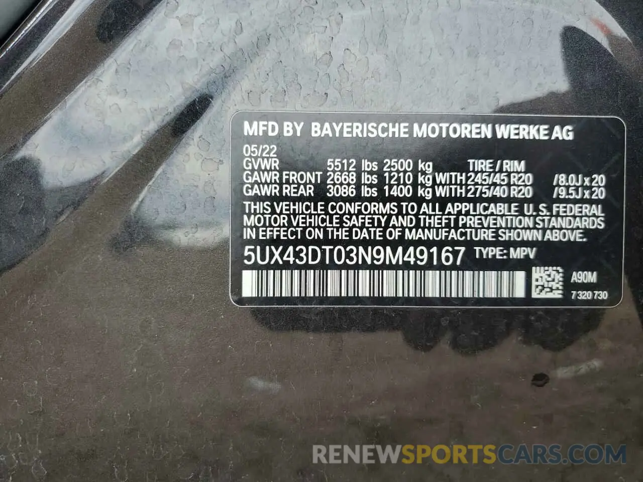 13 Photograph of a damaged car 5UX43DT03N9M49167 BMW X4 2022