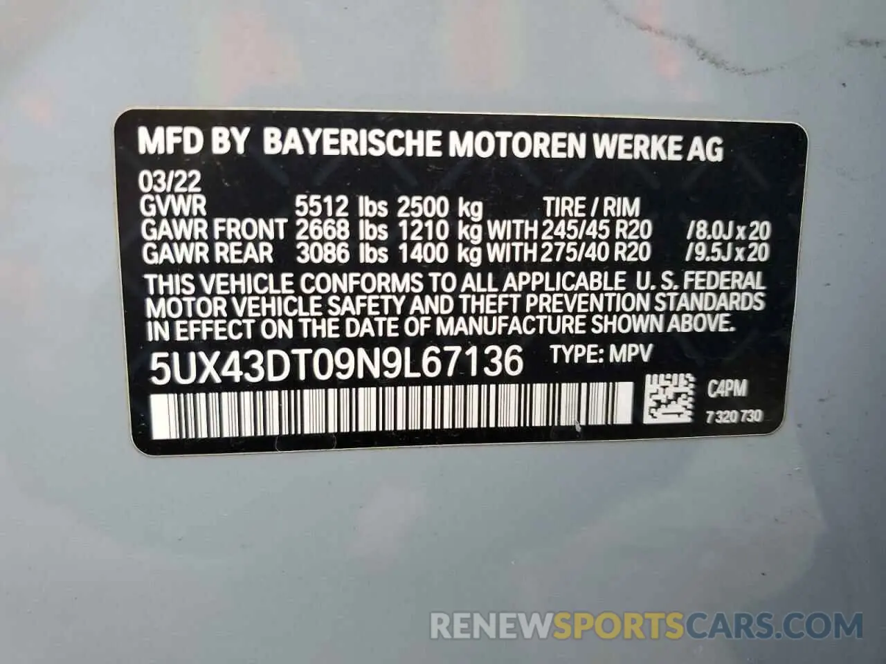 12 Photograph of a damaged car 5UX43DT09N9L67136 BMW X4 2022