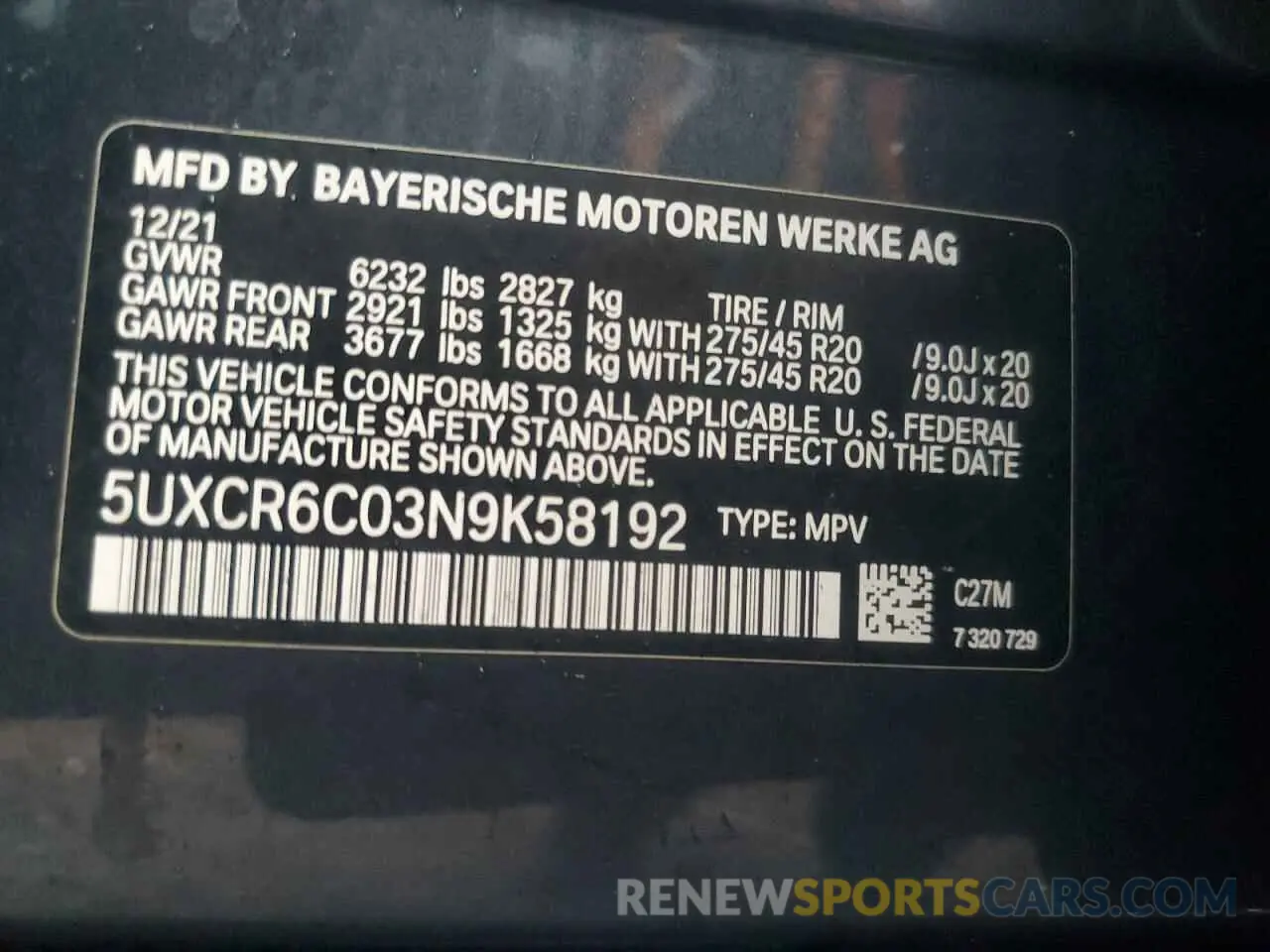 13 Photograph of a damaged car 5UXCR6C03N9K58192 BMW X5 2022