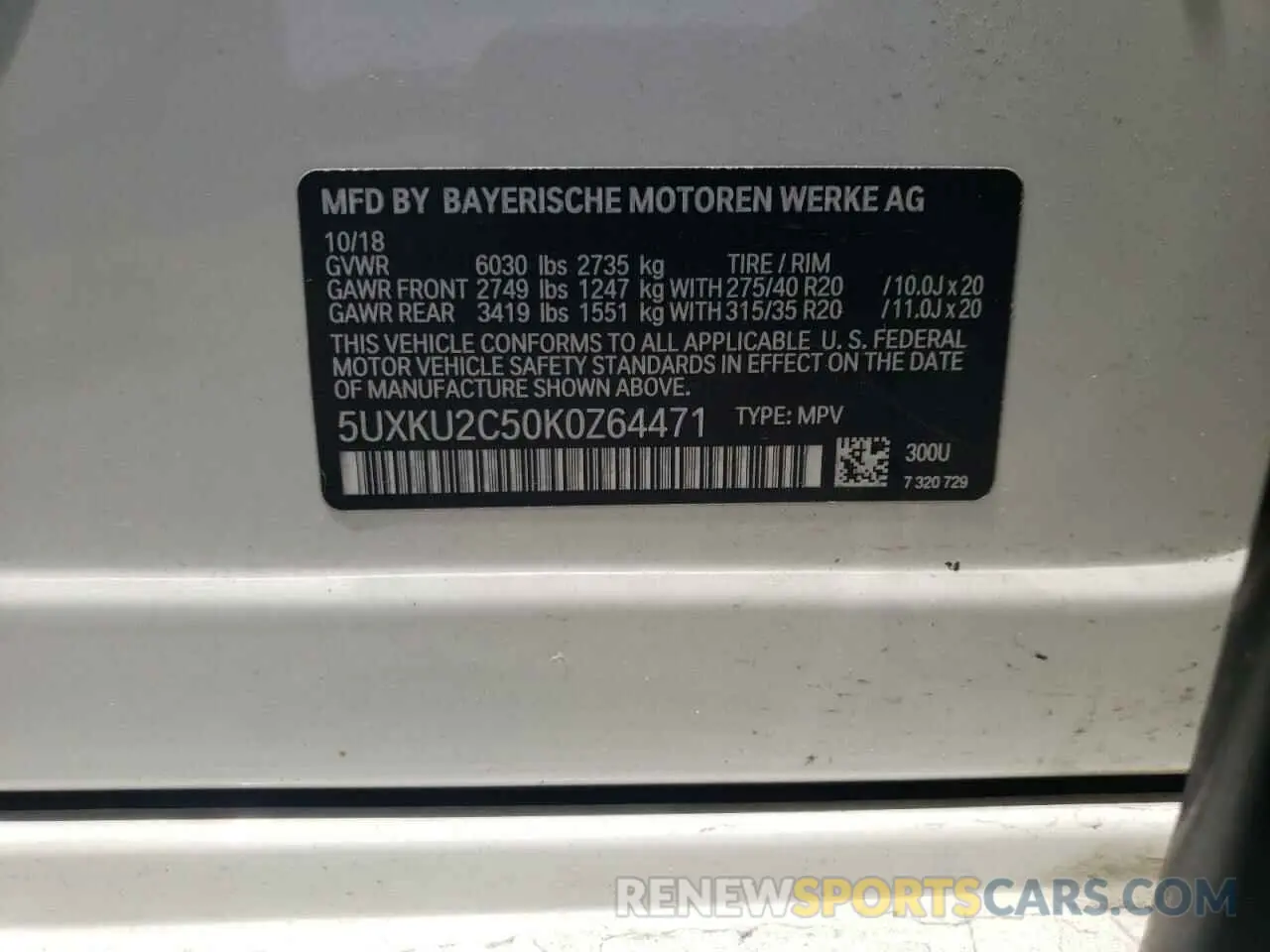10 Photograph of a damaged car 5UXKU2C50K0Z64471 BMW X6 2019