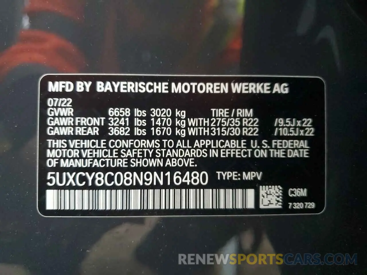16 Photograph of a damaged car 5UXCY8C08N9N16480 BMW X6 2022