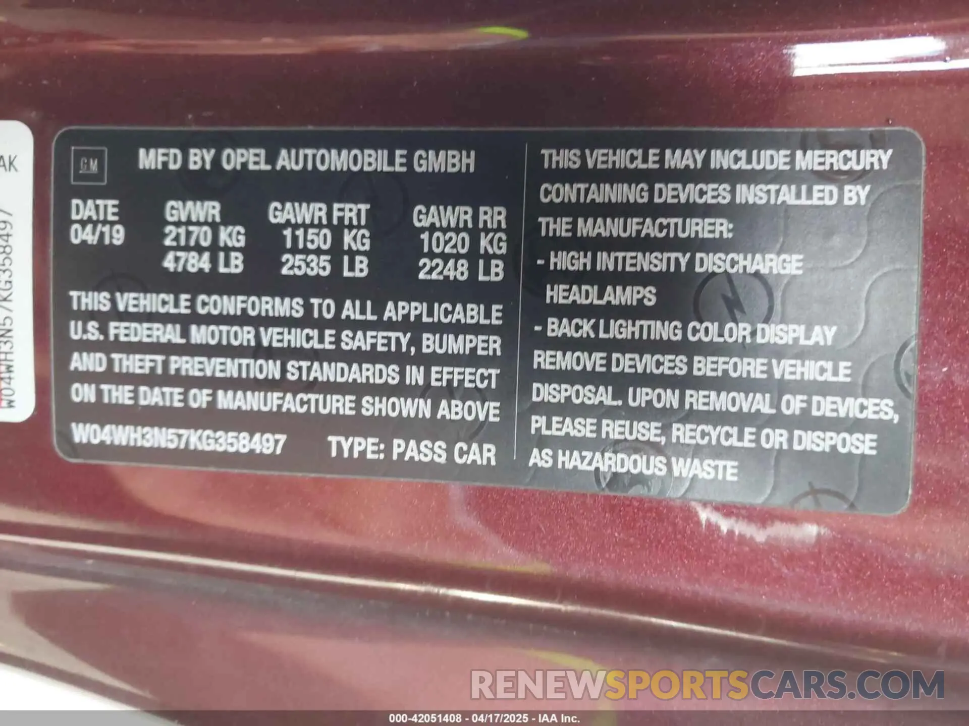 9 Photograph of a damaged car W04WH3N57KG358497 BUICK CASCADA 2019