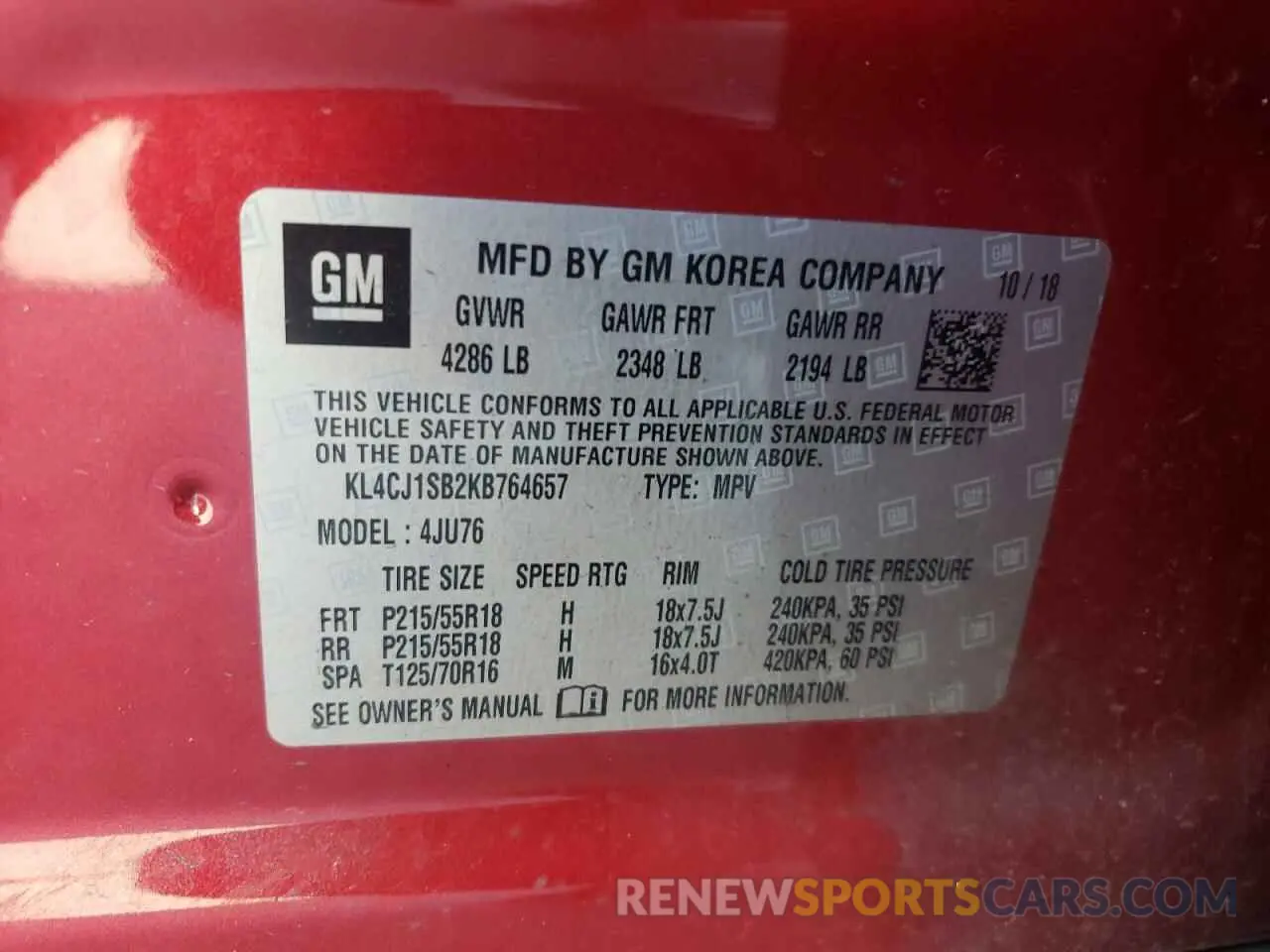 14 Photograph of a damaged car KL4CJ1SB2KB764657 BUICK ENCORE 2019