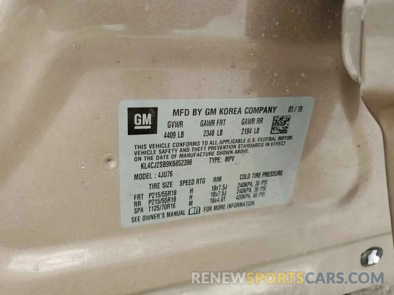 15 Photograph of a damaged car KL4CJ2SB9KB852398 BUICK ENCORE 2019
