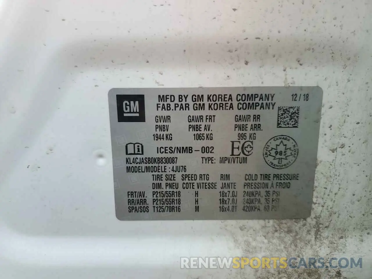 12 Photograph of a damaged car KL4CJASB0KB830087 BUICK ENCORE 2019