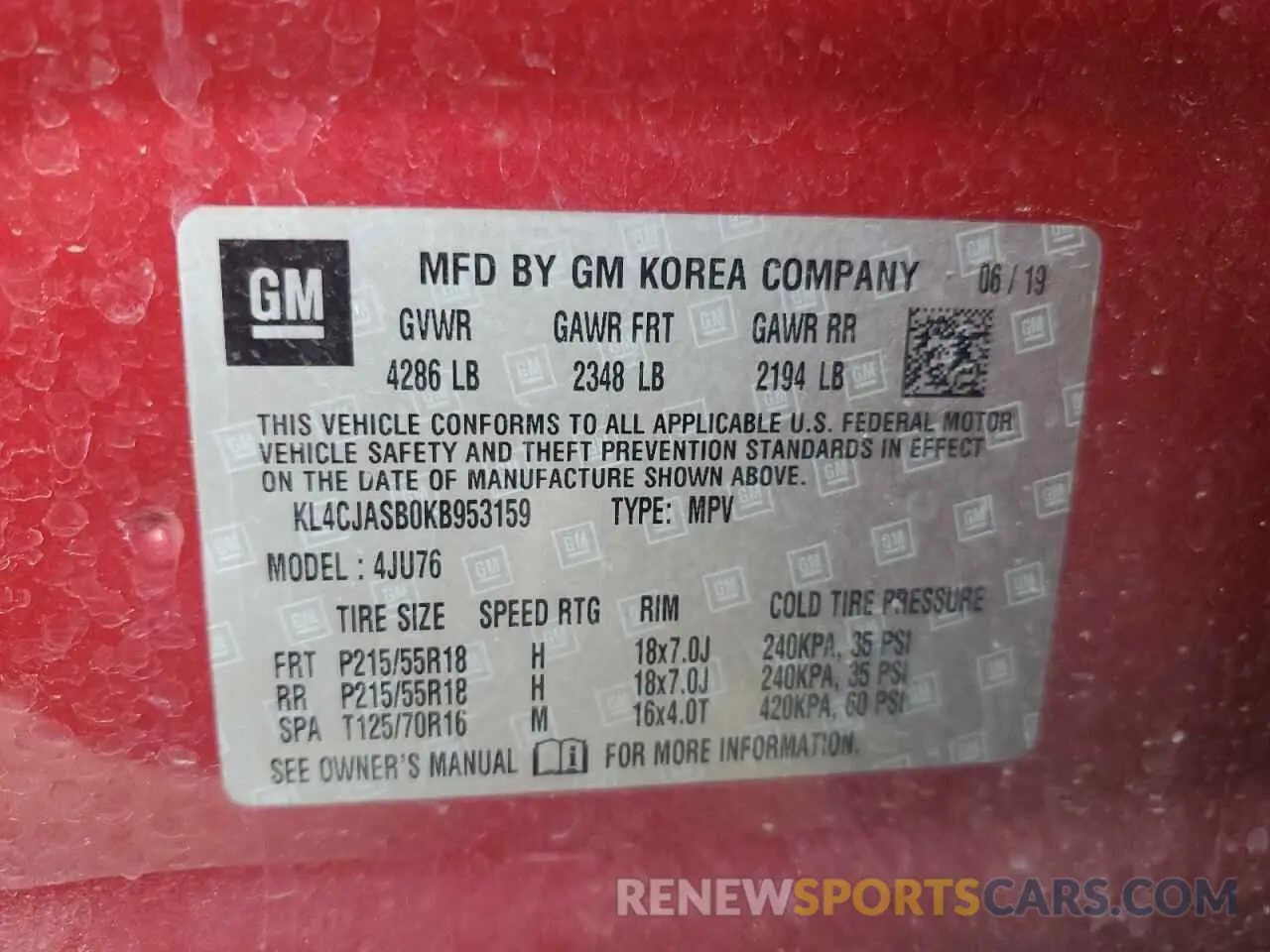 13 Photograph of a damaged car KL4CJASB0KB953159 BUICK ENCORE 2019