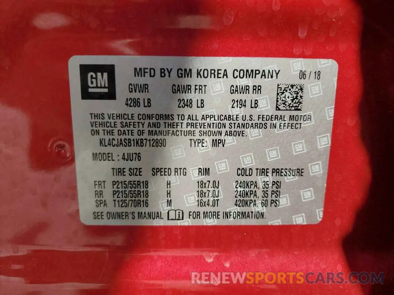 13 Photograph of a damaged car KL4CJASB1KB712890 BUICK ENCORE 2019