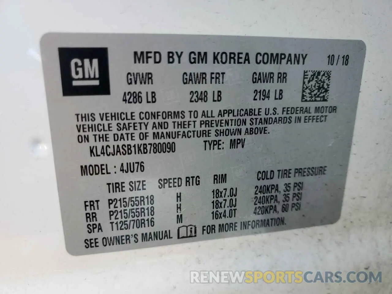 16 Photograph of a damaged car KL4CJASB1KB780090 BUICK ENCORE 2019