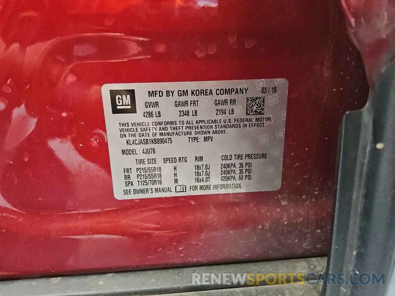 13 Photograph of a damaged car KL4CJASB1KB890475 BUICK ENCORE 2019