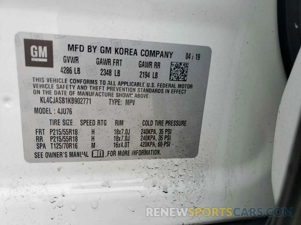 15 Photograph of a damaged car KL4CJASB1KB902771 BUICK ENCORE 2019