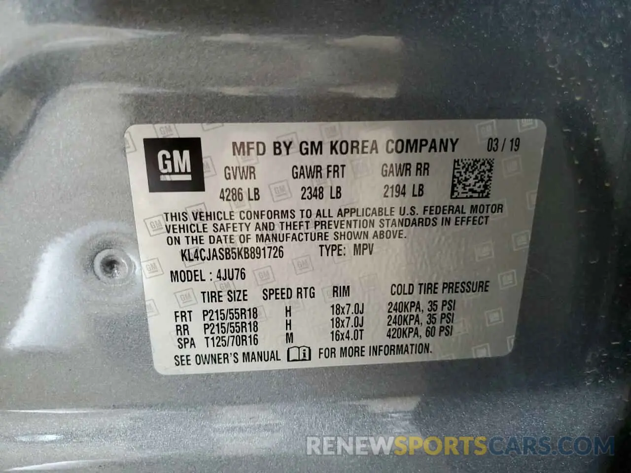 14 Photograph of a damaged car KL4CJASB5KB891726 BUICK ENCORE 2019
