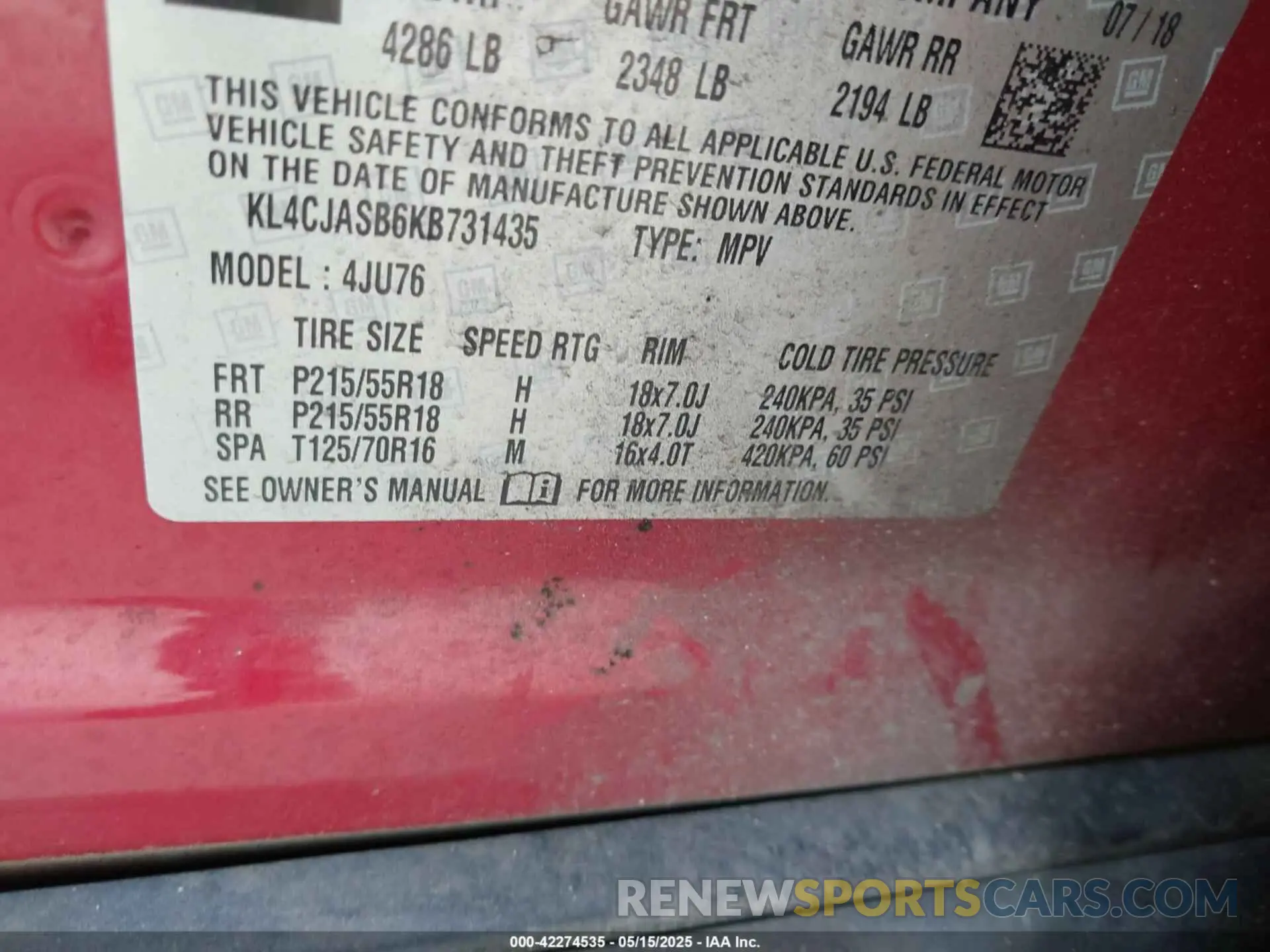 9 Photograph of a damaged car KL4CJASB6KB731435 BUICK ENCORE 2019