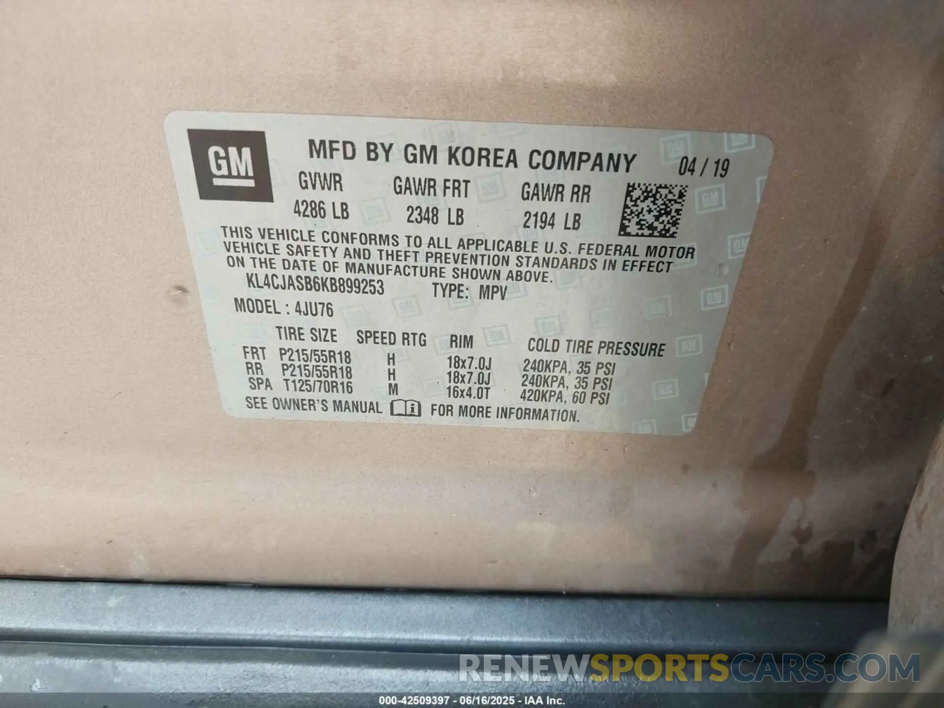 9 Photograph of a damaged car KL4CJASB6KB899253 BUICK ENCORE 2019